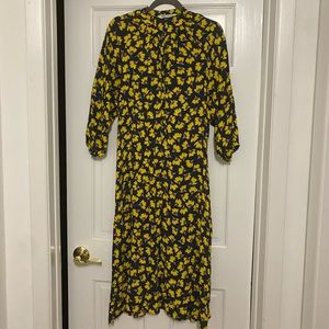 ZARA Navy Yellow Floral Midi Dress L XL
